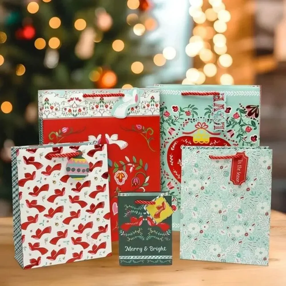 Pioneer Woman Christmas Gift Bag 5ct Set Foil or Glitter Paper Bird Floral Green